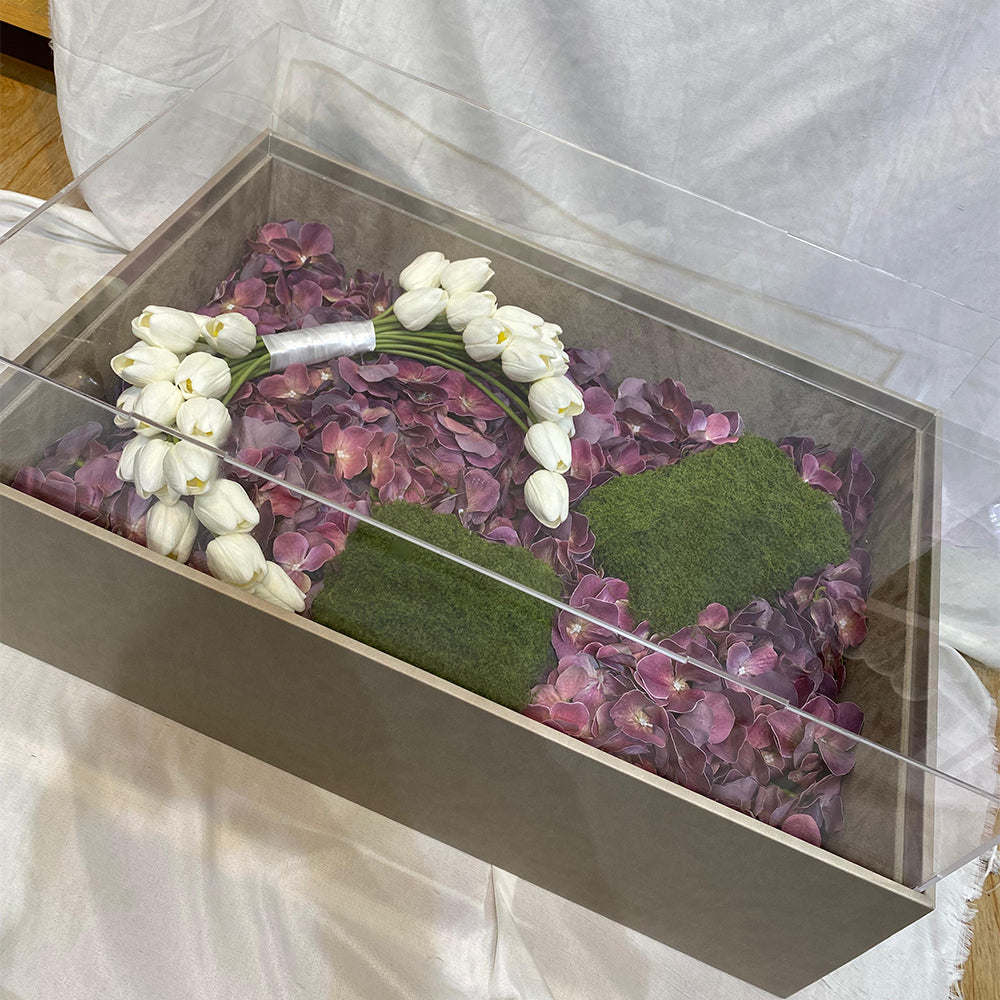 A Symphony of Nature: White Tulips, Hydrangeas & Moss Elegance for display purposes only (non-sale)