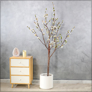 White Decorative Artificial Cherry Blossom Plant(with black nursery pot)