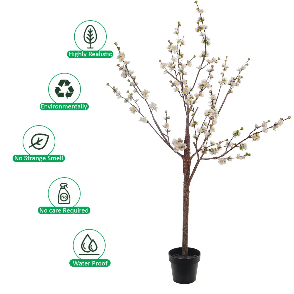 White Decorative Artificial Cherry Blossom Plant(with black nursery pot)