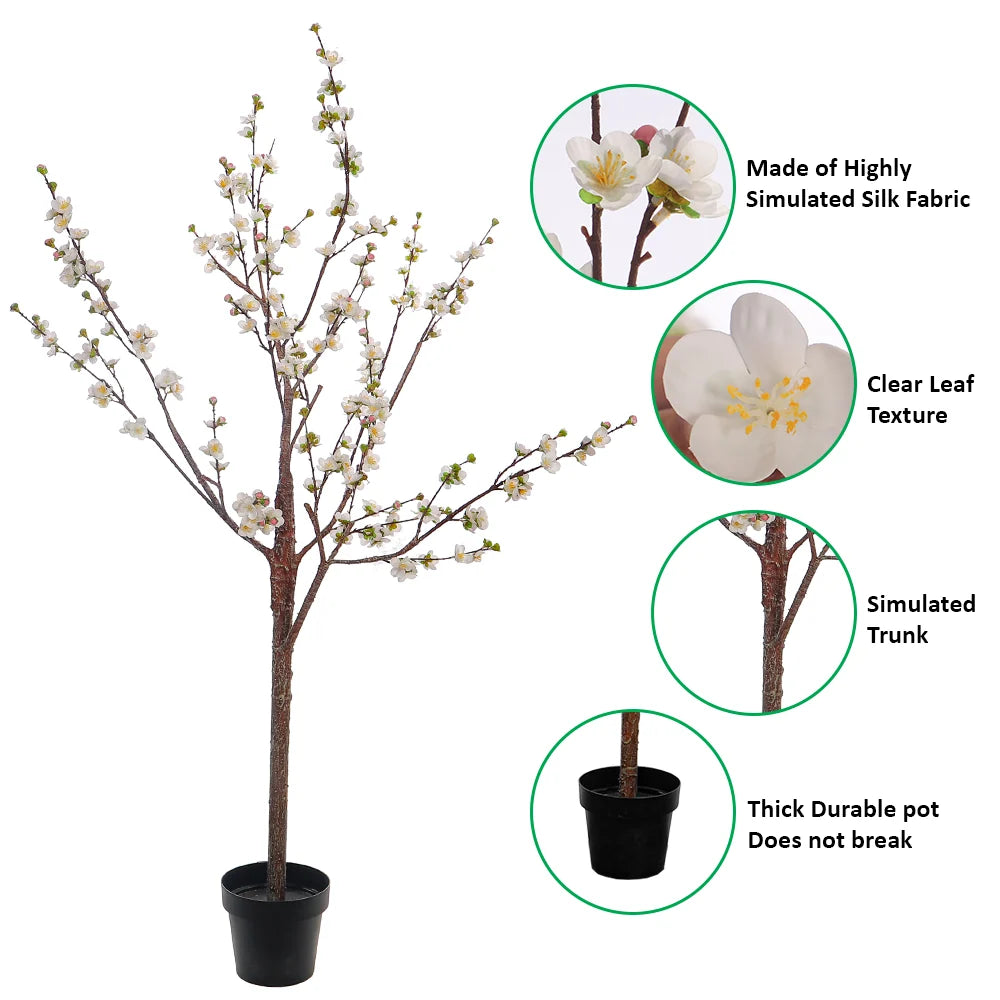 White Decorative Artificial Cherry Blossom Plant(with black nursery pot)