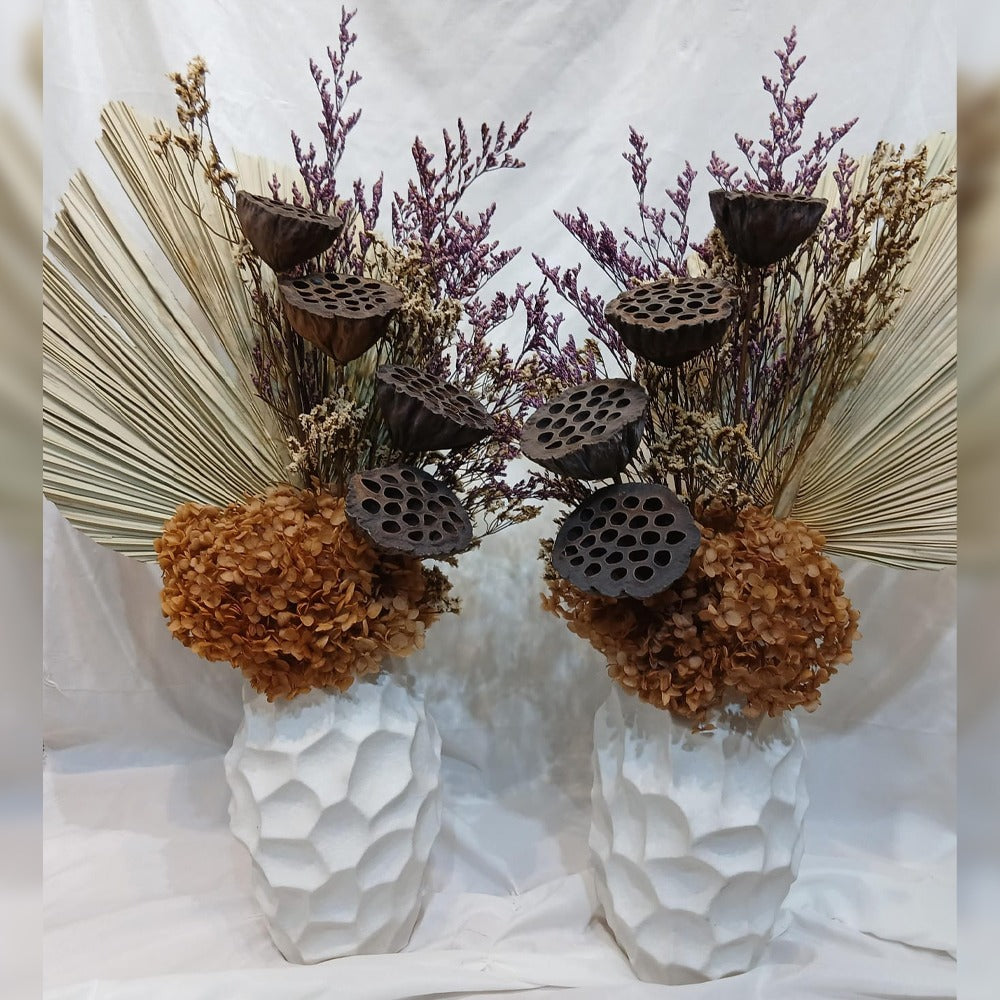 Modern Dried Floral Arrangement in Textured White Vase for display purposes only (non-sale)