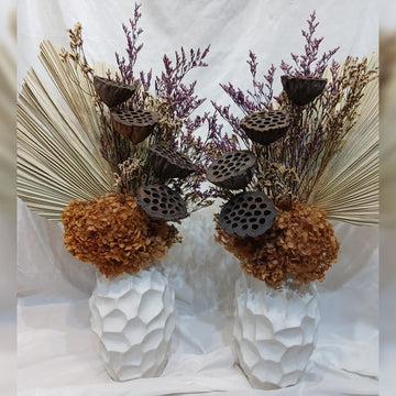 Modern Dried Floral Arrangement in Textured White Vase for display purposes only (non-sale)