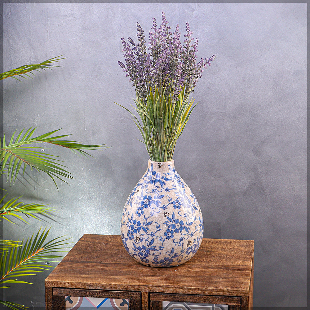 Blue-Cream Floral Ceramic Vase
