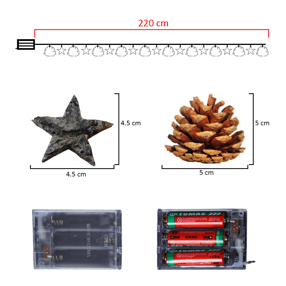 خيط أضواء LED لعيد الميلاد مع أكواز الصنوبر والنجوم
