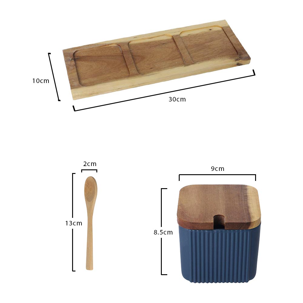 3 برطمانات توابل من البورسلين مع غطاء خشبي وملعقة (بدون إكسسوارات)